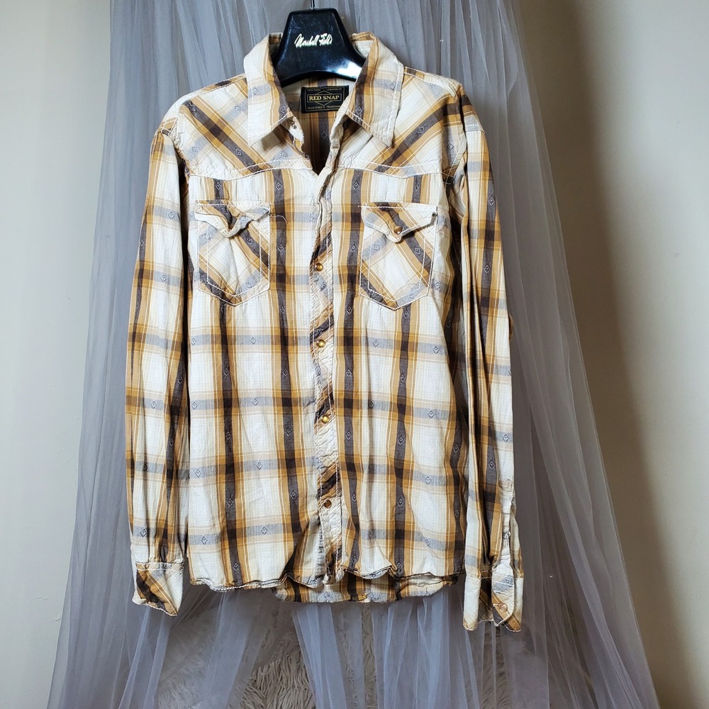 Plaid Western‎ Pearl Snap Shirt Button Down Red Snap 90s Retro Cowboy Cotton XL